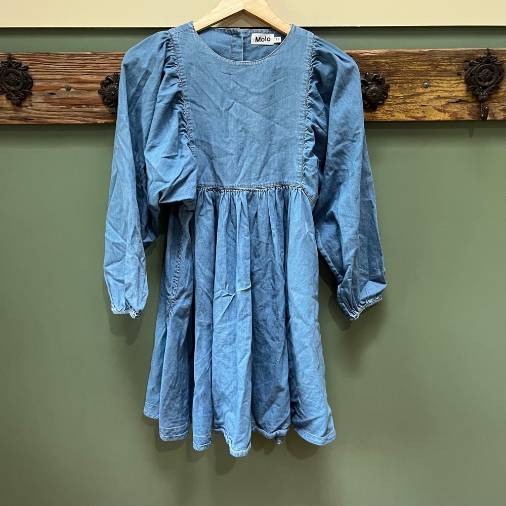 Molo Kids Light Blue Denim Puff Sleeve Babydoll Dress Size 146 152 12 Years